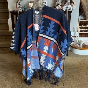Umgee Blue and Orange Geometric Poncho